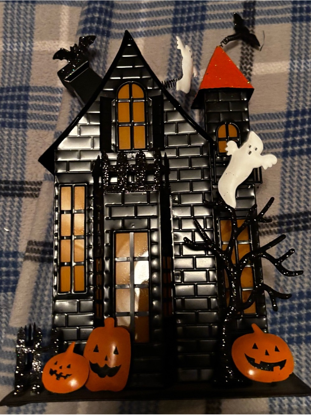 Black Haunted House Halloween Decoration with Orange Accents